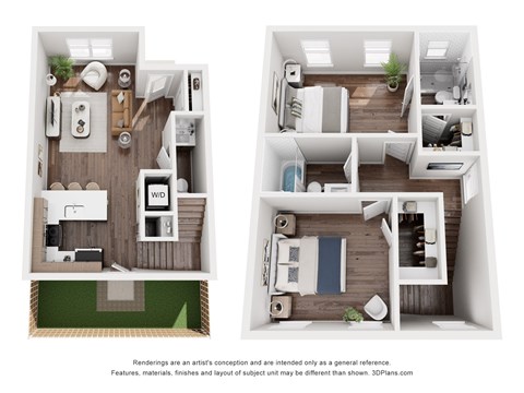 Two floor plans of a house with a kitchen, living room, and bathroom.